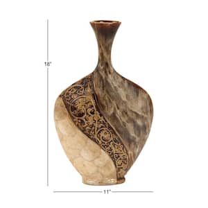 18 in. Brown Ceramic Decorative Vase with Embedded Details