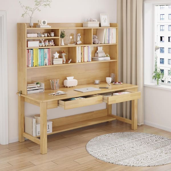 63 in. W Beige Kids Study Desk with Hutch, Wooden Writing/Computer Desk, Dual-Position Kids Desk with Drawers for Home