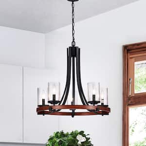 5-Light Black and Wood Finish Round Wheel Chandelier with Seedy Glass Shades