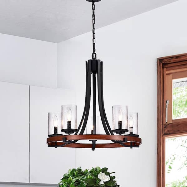 Edvivi 5-Light Black and Wood Finish Round Wheel Chandelier with Seedy Glass Shades