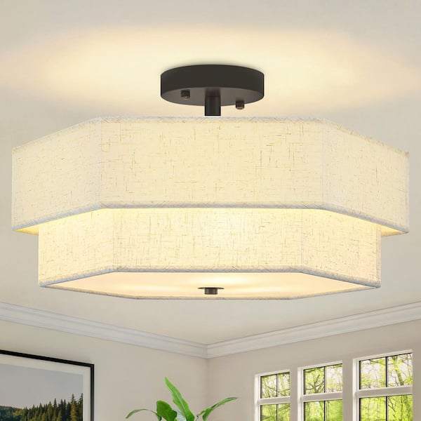 17.7 in. 3-Light Modern Black Metal and Fabric Drum Semi Flush Mount Ceiling Light Fixture