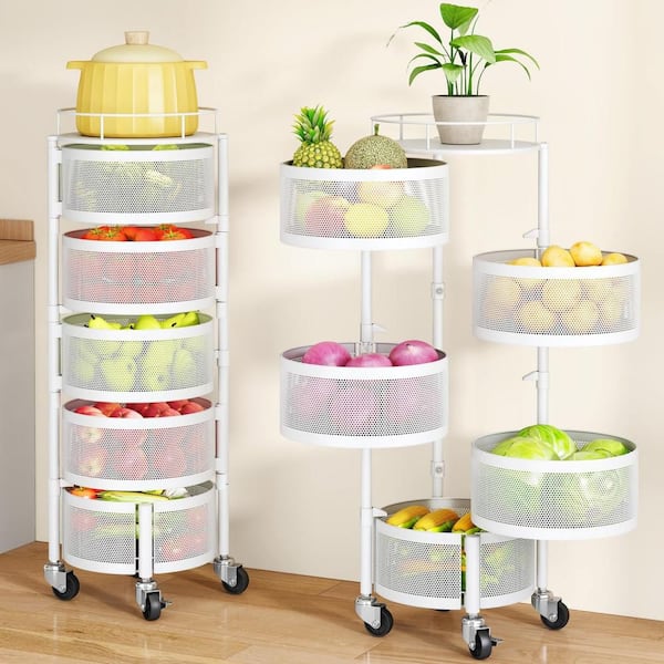 5-Tier Fruit Vegetable Basket with Top Lids, 360° Swivel Wheels and 270° Rotating Baskets for Kitchen Storage, White