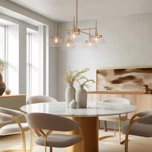 Modern Large Plated Brass Dining Room Chandelier Lighting 5-Light Kitchen Pendant with Drum Clear Seedy Glass Shades