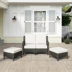 Gray 4-Piece Wicker Patio Conversation Seating Sofa and Ottoman Set with Beige Cushions