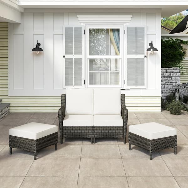 Uixe Gray 4-Piece Wicker Patio Conversation Seating Sofa and Ottoman Set with Beige Cushions