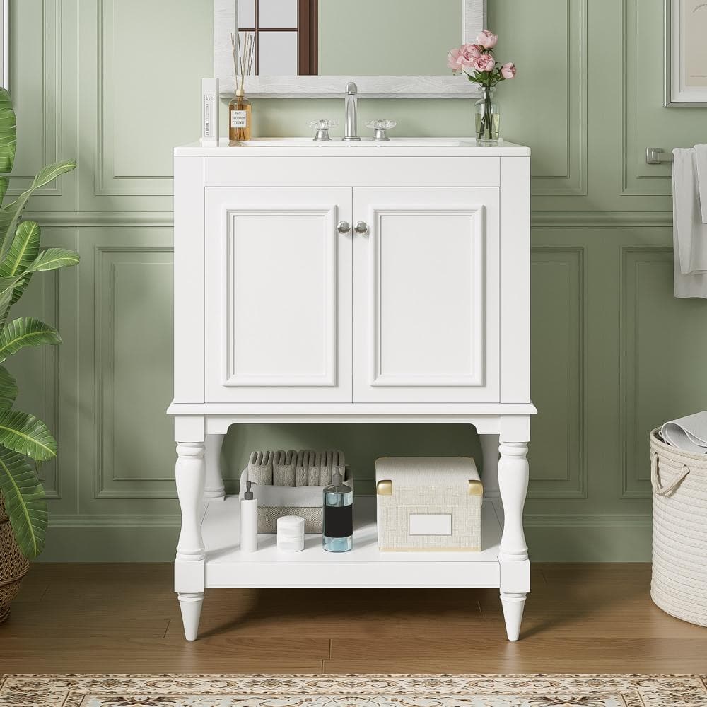 24 in. W White Ceramic Sink Freestanding Bathroom Vanity with Open Shelf, Turned Legs, and 2-Door Cabinet price history on PriceWatchPro