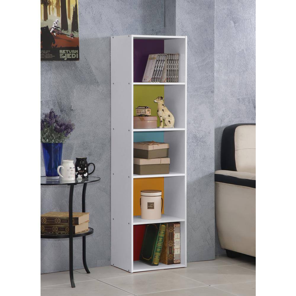 Brightspace Kids 5-Shelf White Wood Bookcase with Cubes and Doors