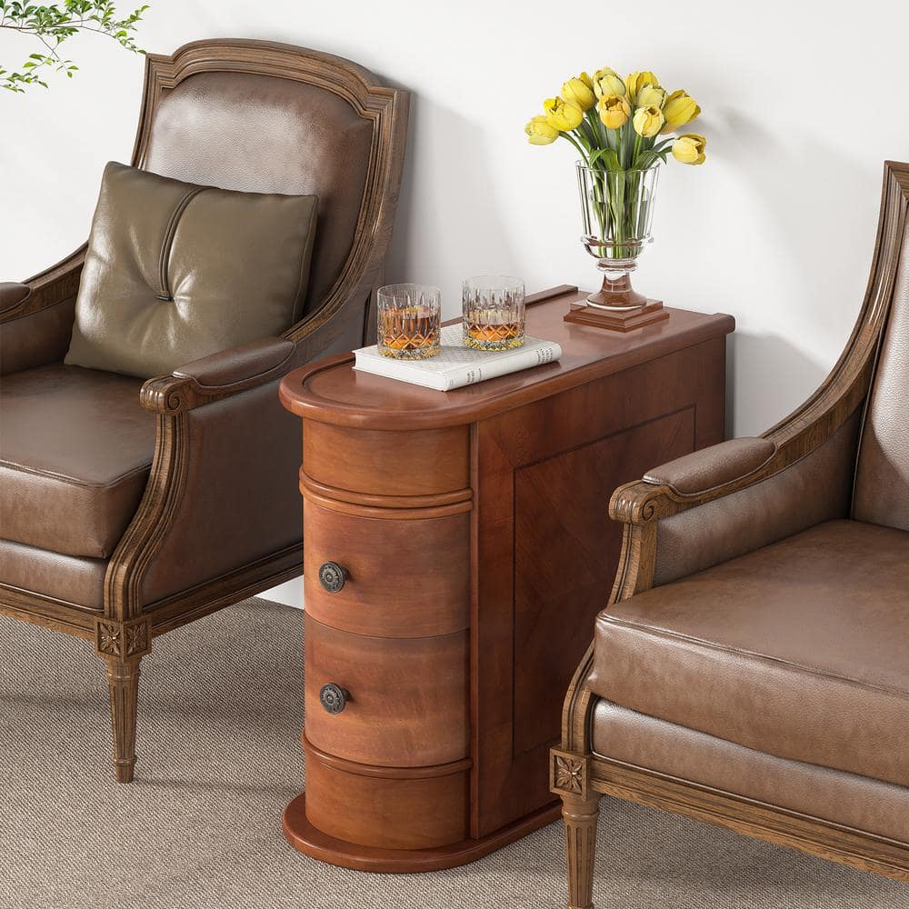 Walnut U-Shaped Wood End Table with Storage