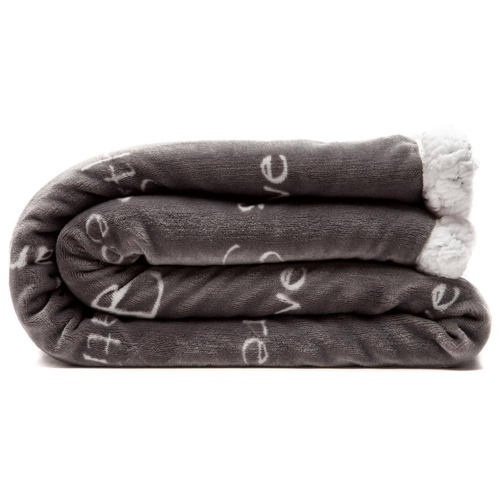 Gray Faux Fur and Sherpa Throw Blanket with Inspirational Words