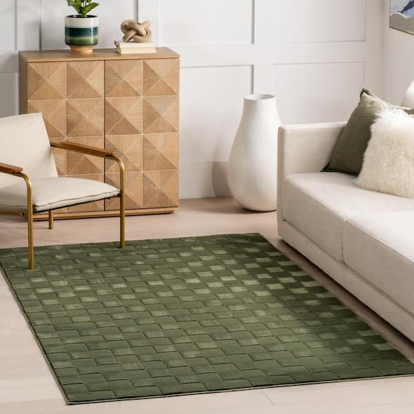Alaiya Checkered Machine Washable Green 9 ft. x 12 ft. Modern Area Rug