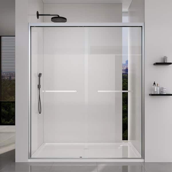 60 x 72 in. Frame Double Sliding Soft-Close Shower Door in Brushed Nickel with 1/4 in. Clear Tempered Glass