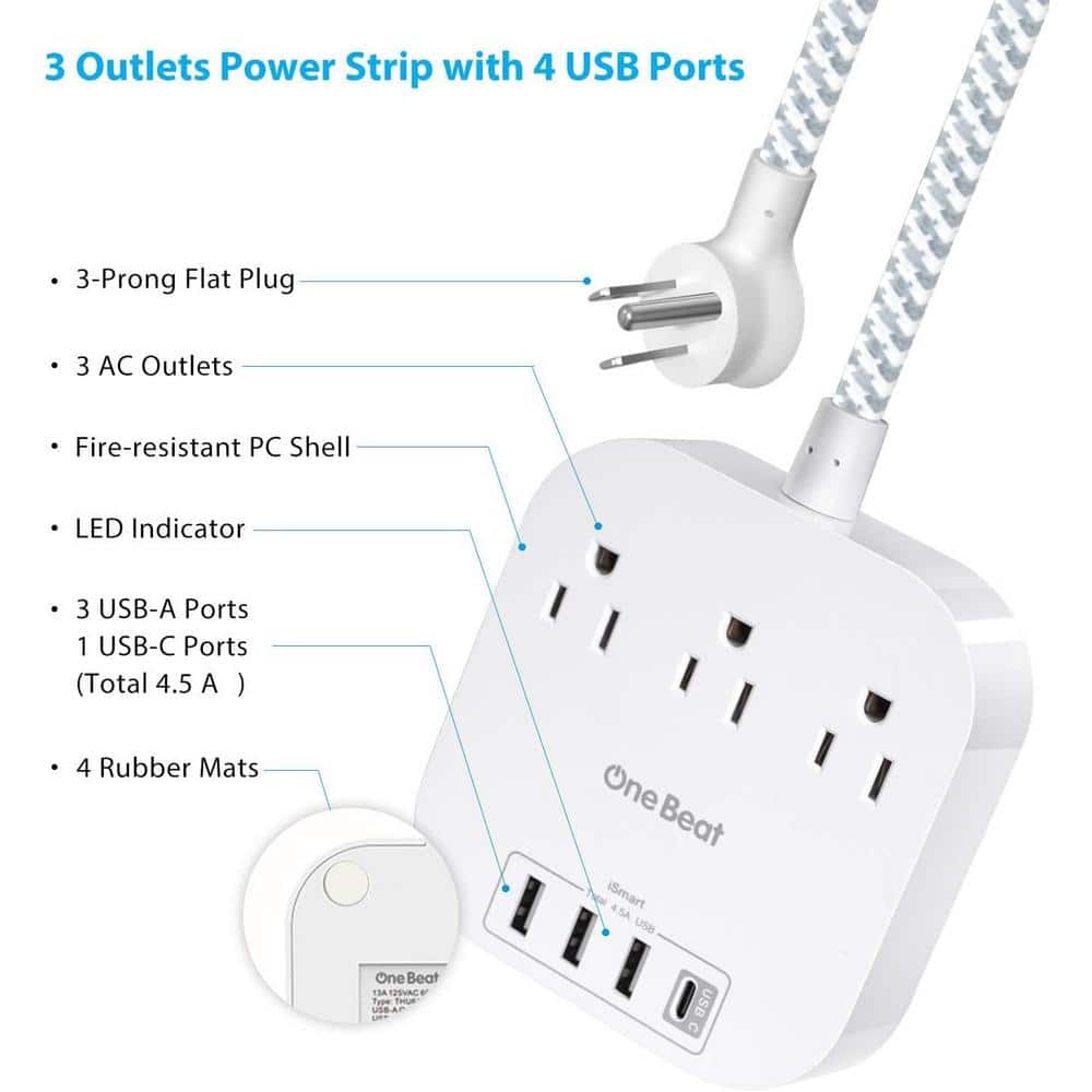 White Square Power Strip with 15ft Braided Cord and USB Ports
