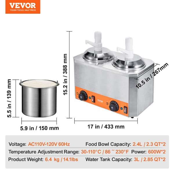 VEVOR Electric Cheese Dispenser with Pump, 2.3 qt Commercial Hot Fudge Warmer, Stainless Steel Pump Dispenser, 86-230 Temp Adjustable Nacho Cheese