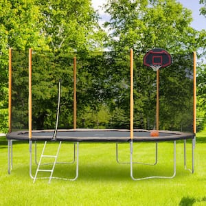 14 ft. Round Backyard Trampoline with Safety Enclosure, Basketball Hoop and Ladder in Orange