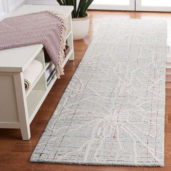 Metro 2 ft. x 9 ft. Blue/Ivory Floral Crosstitch Runner Rug