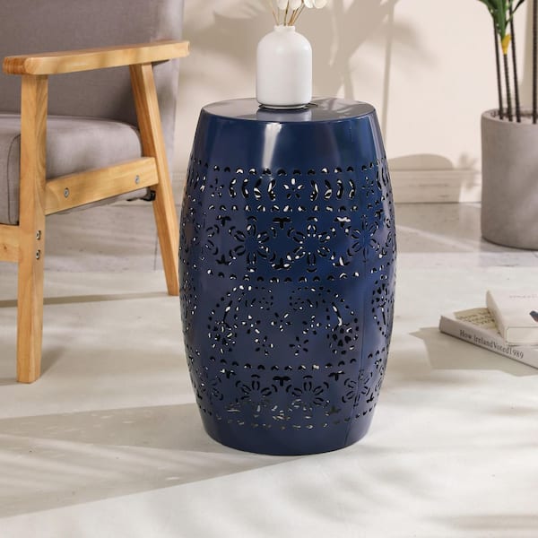 9.5 in. D x 18.25 in. H Round Metal Outdoor Patio Side Table Hollow Side Table w/ Built-in Solar Powered Light in Blue