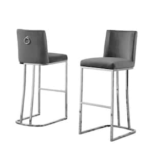 Erin 29 in. H Dark Grey Low Back Bar Stool Chair With Silver Chrome Base and Back Ring With Velvet Fabric (Set of 2)