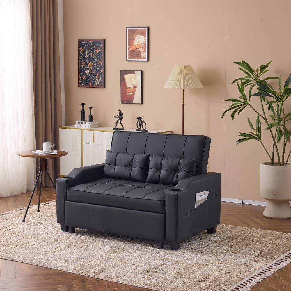 Karl home 50 in. Black Faux Leather Twin Size Sofa Bed Pull Out
