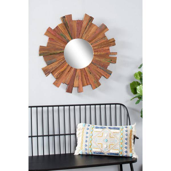 Large Eclectic Multicolor Reclaimed Wood Round Wall Mirror
