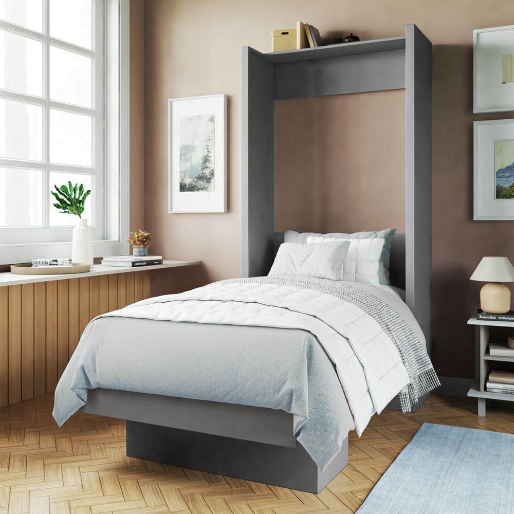 Oakland Living Easy-Lift Gray Wood Frame Twin Murphy Bed Shelf