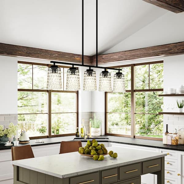 Mauzy Collection 5-Light Matte Black Transitional Linear Chandelier with Clear Water Glass Shade for Dining Room