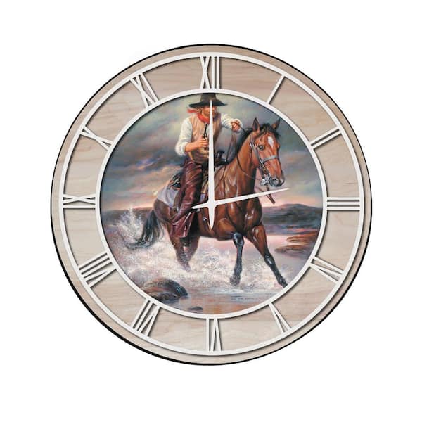 Unbranded "The Crossing" Woodgrain Accent and White Numbers Imaged Wall Clock