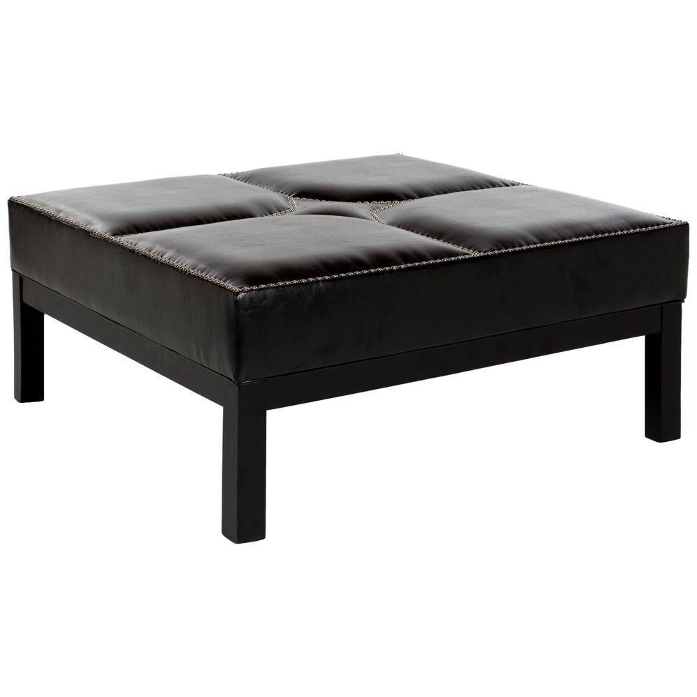 Transitional Terrence 37" Black Leather Cocktail Ottoman with Silver Nailheads