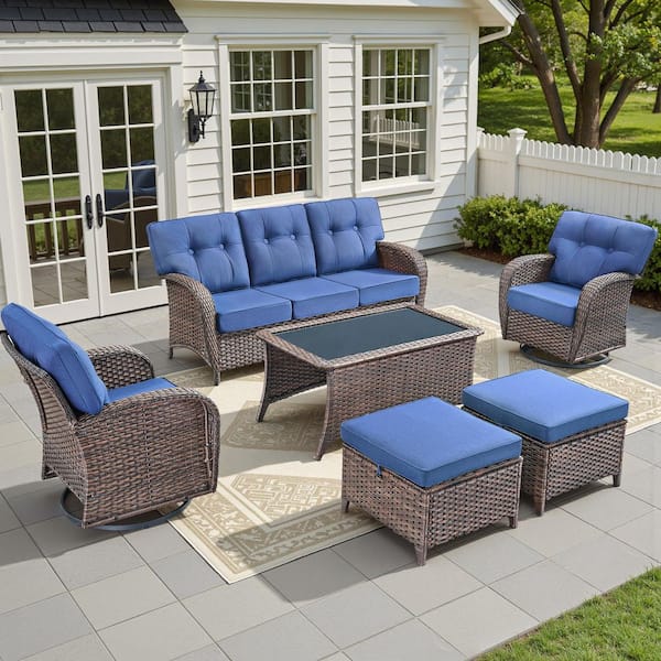 T-Frame 6-Piece Brown Wicker Patio Conversation Set with 5 in. Navy Blue Cushions Patio Swivel Chair for Balcony