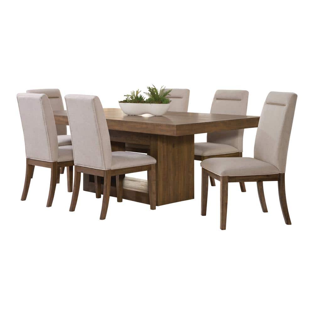 Caramel Wood 7-Piece Trestle Dining Set with Beige Upholstered Chairs