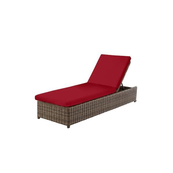 Hampton Bay Fernlake Brown Wicker Outdoor Patio Chaise Lounge with CushionGuard Chili Red Cushions