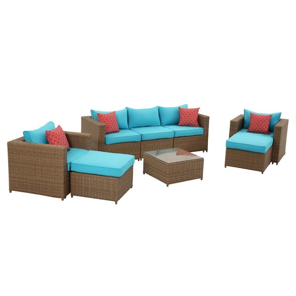 Afoxsos Brown 8-Piece Resin Wicker Outdoor Patio Seating Sectional Set with Blue Cushions