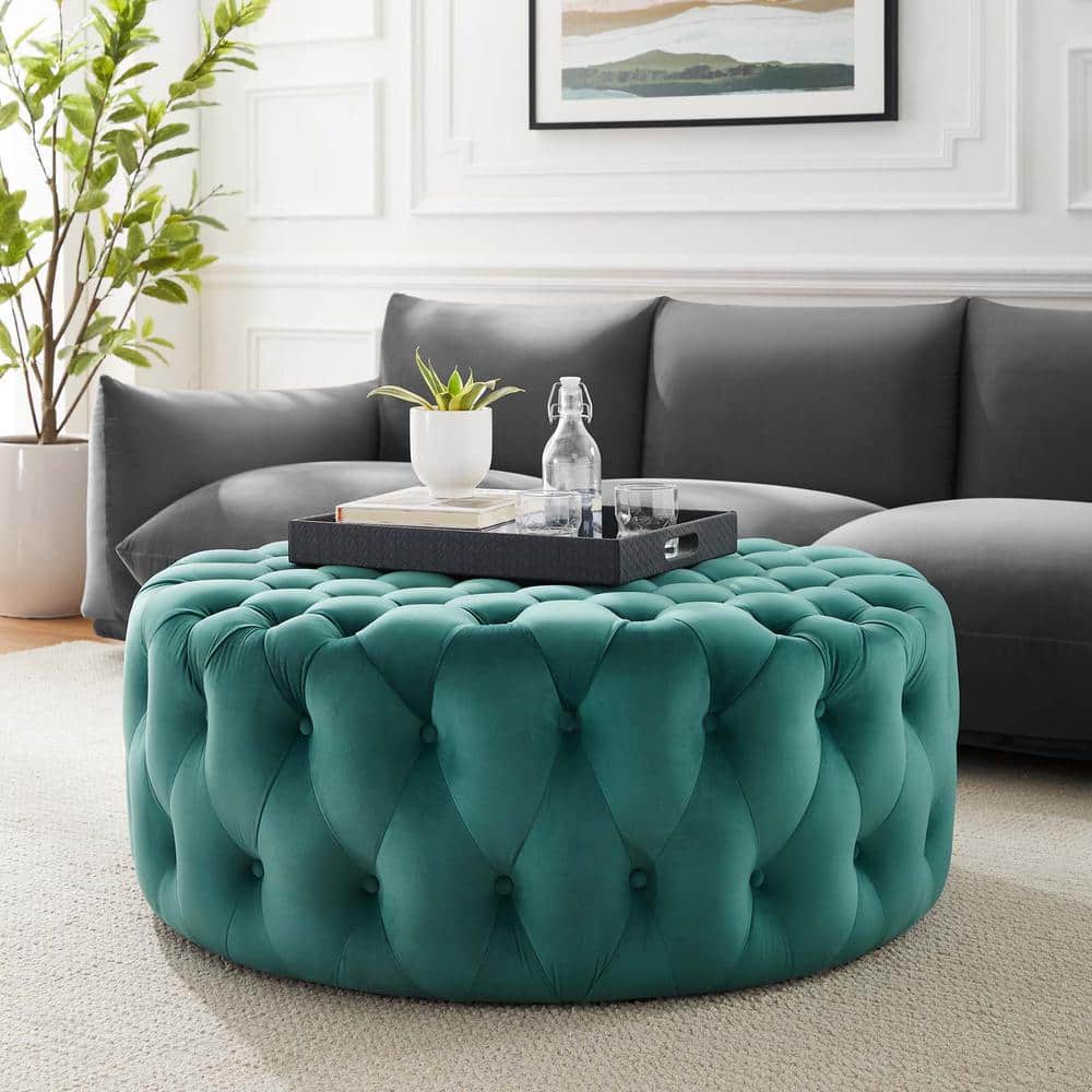 Teal Velvet Tufted Round Ottoman with Button Accents