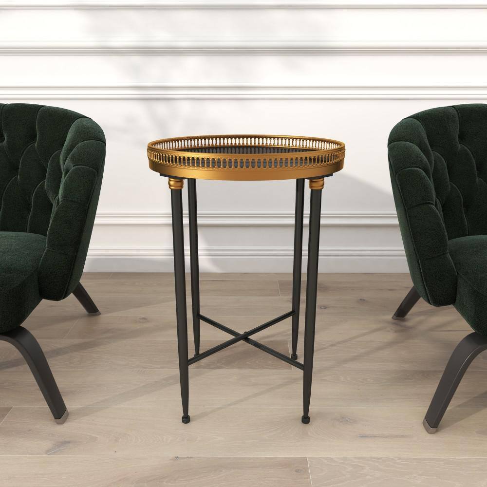 Black Round Metal and Stone Accent Table with Graduated Legs