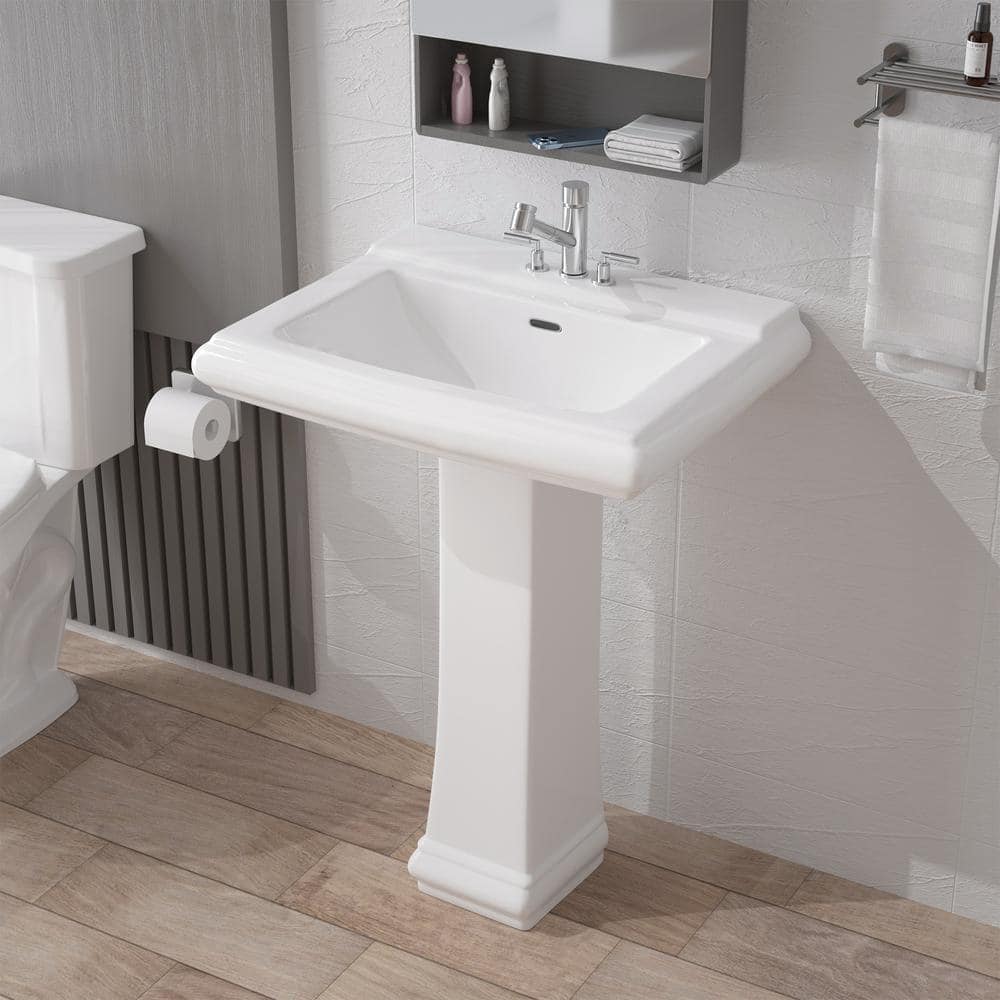 White Rectangular Ceramic Pedestal Sink with Overflow