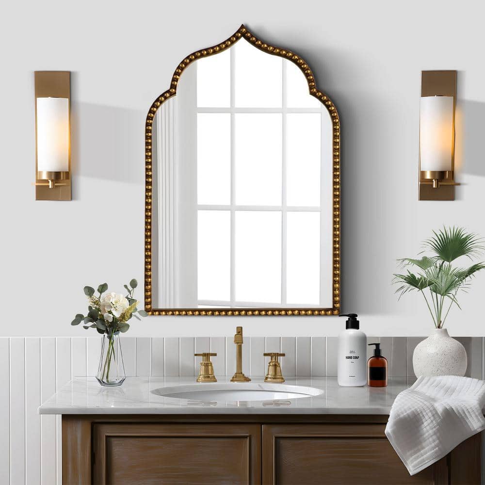 24 in. W x 36 in. H Vintage Arched Iron Framed Decorative Wall Mirror in Go