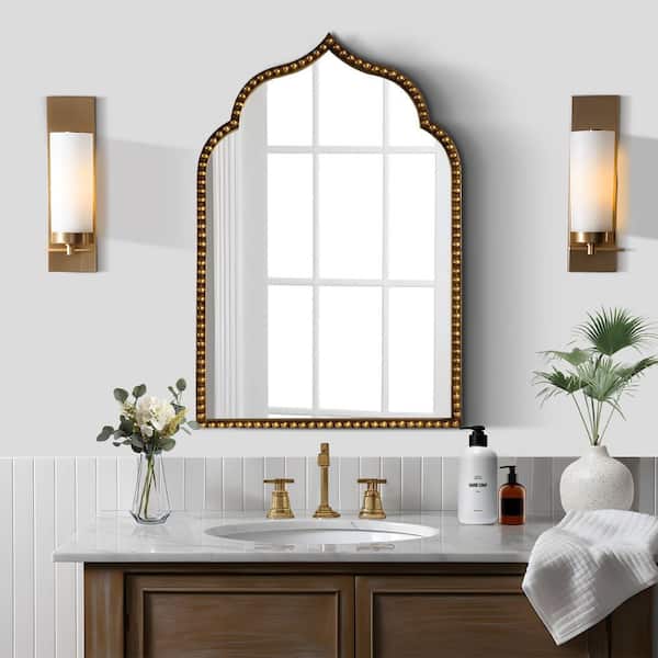 Lirago 24 in. W x 36 in. H Vintage Arched Iron Framed Decorative Wall Mirror in Gold