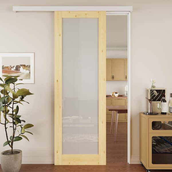 ARK DESIGN 32 in. x 96 in. Hidden Track Style 1-Lite Frosted Glass Unfinished Glass Sliding Barn Door with Hardware Kit