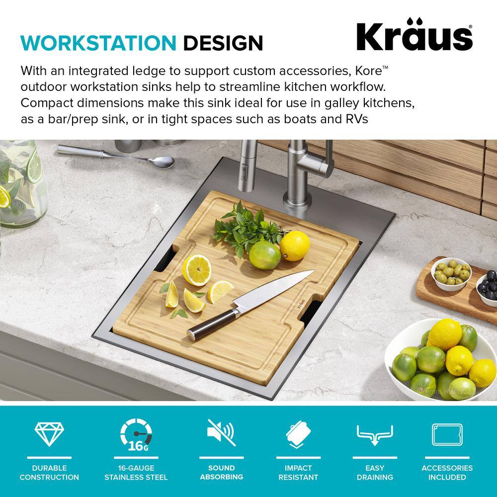Kore 15" Stainless Steel Outdoor Workstation Sink with Bamboo Cutting Board