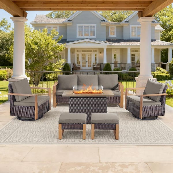 6-Piece Brown Wicker Outdoor Patio Conversation Sets Patio Gliding Chair for Backyard and Ottoman, with Gray Cushions
