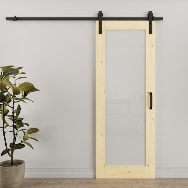 30 in. x 80 in. 1-Lite Tempered Frosted Glass Unfinished Solid Core Pine Wood Sliding Barn Door with Hardware Kit