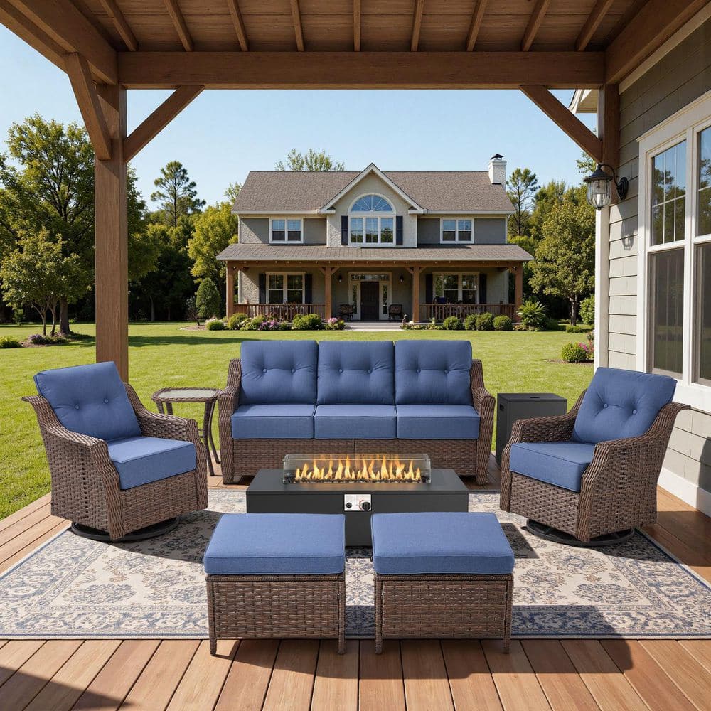 Artisan Brown 7-Piece Wicker Outdoor Patio Fire Pit Conversation Set with Navy Blue Cushions and Swivel Gliders price history on PriceWatchPro