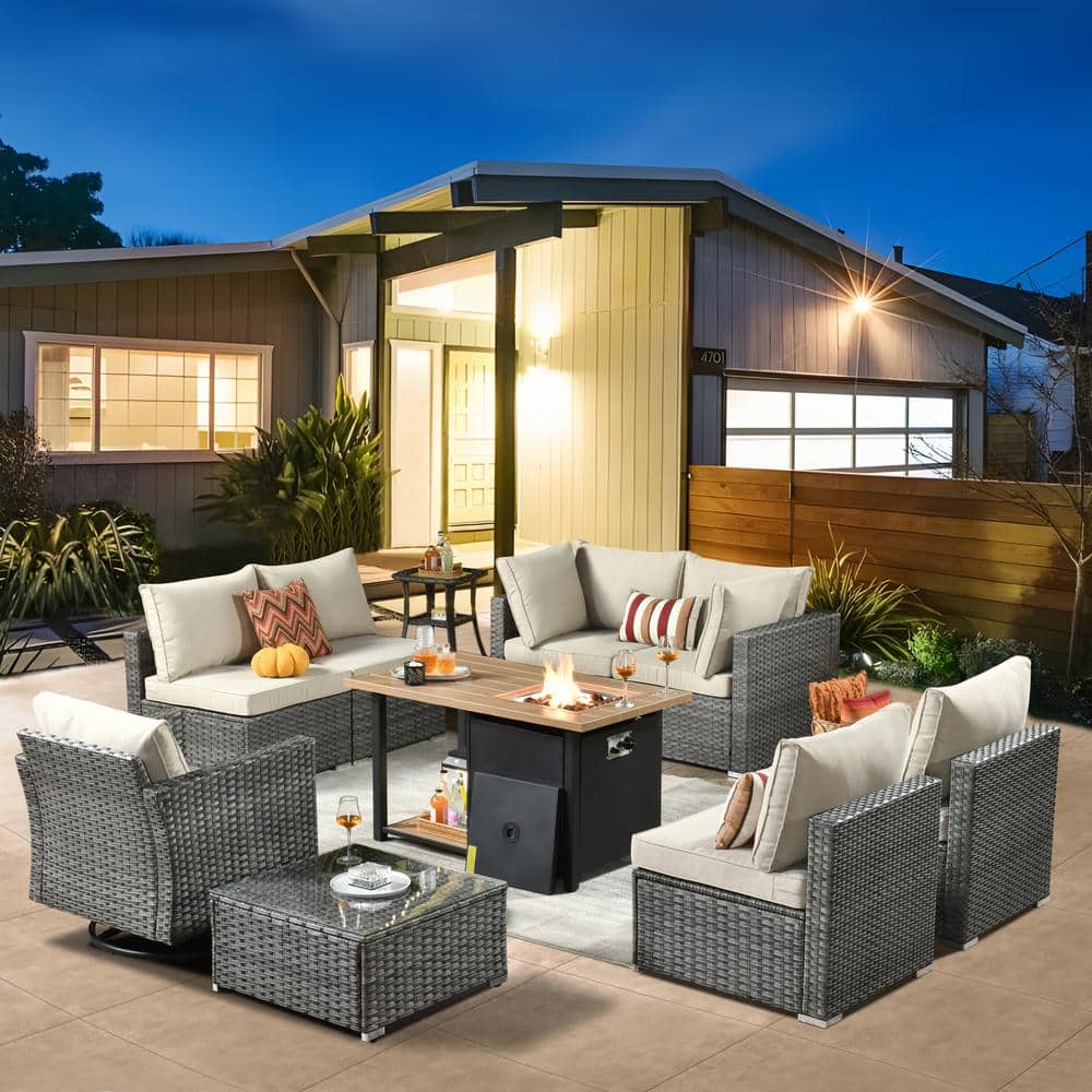 Daffodil N Gray 10-Piece Wicker Patio Storage Fire Pit Conversation Set with a Swivel Rocking Chair and Beige Cushions price history on PriceWatchPro
