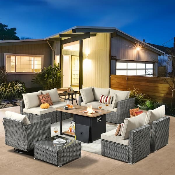 weaxty W Daffodil N Gray 10-Piece Wicker Patio Storage Fire Pit Conversation Set with a Swivel Rocking Chair and Beige Cushions