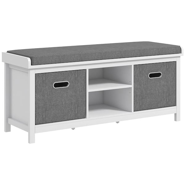 HOMCOM 41.3 in. W x 13.8 in. D x 18.5 in. H White Shoe Bench with Cushion, Shoe Storage Bench