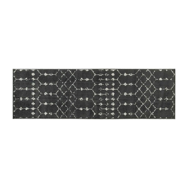 Carnegy Avenue 2' x 6' Dark Gray and Ivory Geometric Style Modern Bohemian Design Area Rug