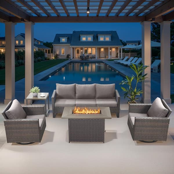 moosprr U-Frame 5-Piece Brown Wicker Fire Pit Conversation Set with Olefin Gray Cushions and Rectangle Fire Pit Table