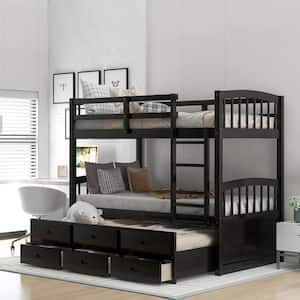 Espresso Twin Over Twin Bunk Bed with Ladder and Storage Drawers, Wood Bunk Bed with Safety Rail and Trundle for Kids