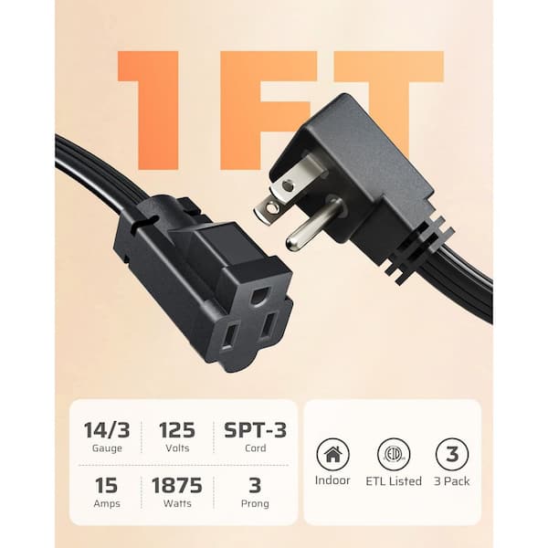 1 ft. SPT-3 Flat Wire 14 / 3 Gauge 3-Prong Outlets and Flat Head, Indoor Extension Cord with, 3 Pack, Black