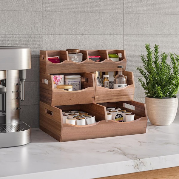 4-Piece Set Acacia Wood Stackable Bin Countertop Pantry Organizer, Brown