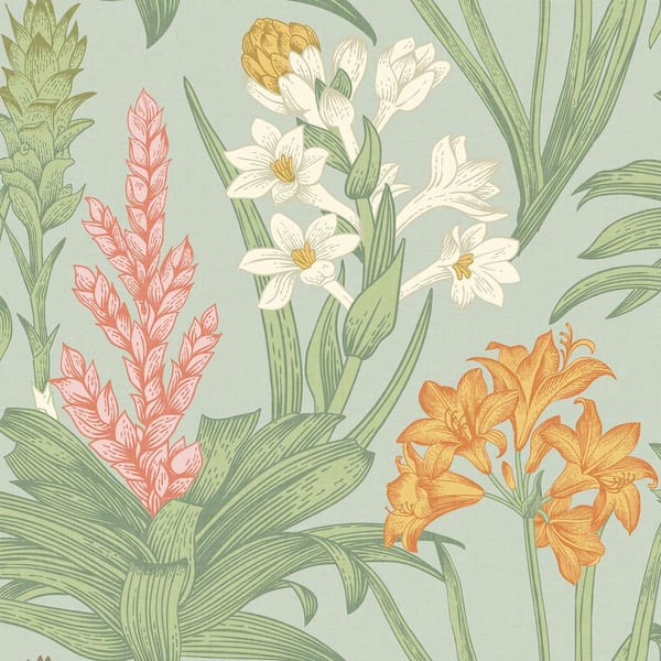 NuWallpaper Green and Pink Blooming Villa Vinyl Matte Peel and Stick Wallpaper Sample